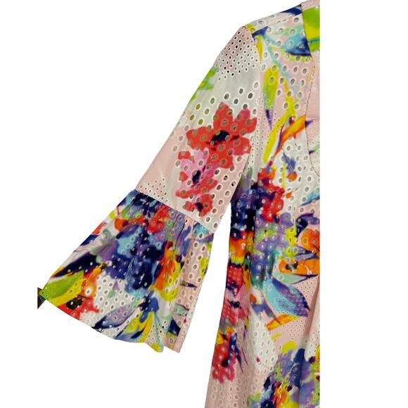 Trina Turk Knee Length Eyelet Dress Rainbow 3/4 Bell Sleeve Vacay Summer Beach 2 - Picture 5 of 11